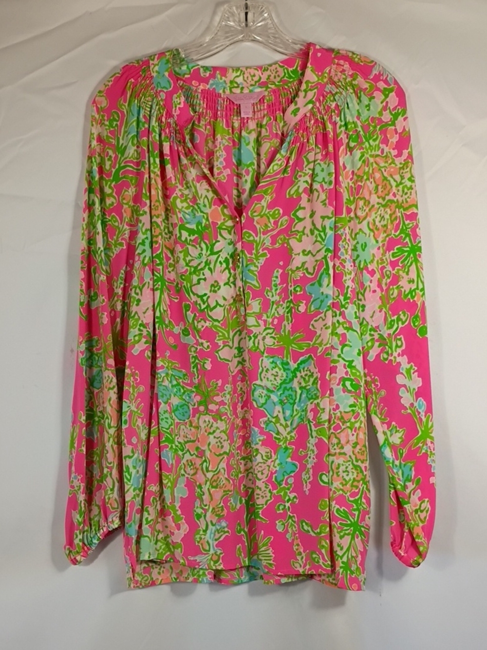 EUC Lilly Pulitzer Elsa Silk Top, Roxie Pink Floral Long Sleeve Blouse Sz Large